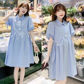 A7 Trendy Mom's Summer Short-Sleeve Maternity Dress Set for Pregnant Women M/Blue Skirt 3ea