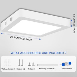 LED Flush Mount Ceiling Light, 11.61 Inch 24W 6500K Hardwire Light Fixture, 230W Equivalent 1.26In Thin Square White Lamp for Living room Kitchen Porch Bedroom Hallway Basement, Non-dimmable 1 Pack