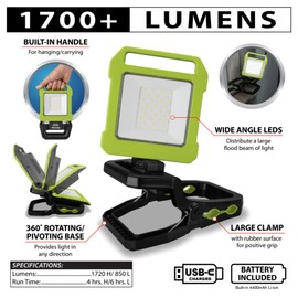 Performance Tool W2235 1700 Lumen Lithium Ion Clamp Work Light