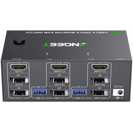 KVM Switch 3 Monitors 2 Computers 8K@60Hz 4K@144Hz, ANGEET HDMI and Displayport KVM Switch Triple Monitor for 2 Computer Share 3 Monitor and 4 USB3.0 Devices, with Wired Remote and Power Adapter