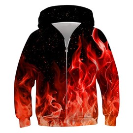 TUONROAD Boys Red Fire Sweatshirts for Teens Size 10-12 Cool Flame Hoodies with Full Zipper Girls Funny Flaming Smoke Pullover Shirts 10 11 12 Years Youth Winter Black Sweatsuits for Outdoor