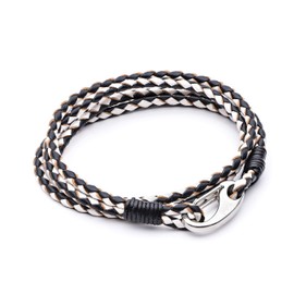 Men's Leather Bracelet, Black & White Braided Double Wrap, Stainless Steel Shrimp Clasp, 21cm Standard Size For Men by Tribal Steel