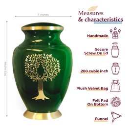 Trupoint Memorials Cremation Urns for Human Ashes, Tree of Life Decorative Burial Urn for Adult Men and Women, Large Green