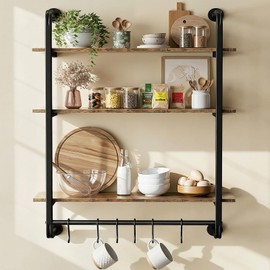 Kssiaz 3 Tier Industrial Pipe Floating Shelf, 24" Kitchen Wall Shelves with Towel Bar & 6 Hooks, Coffee Bar Shelves Display Bookshelf Wall Shelf for Kitchen, Bathroom, Home Décor, Rustic Brown