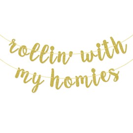 Rollin' With My Homies Banner, Hip Hop Party Decorations Supplies, Retro 80s 90s Theme Birthday Bunting Sign, Pre-strung, Gold Glitter
