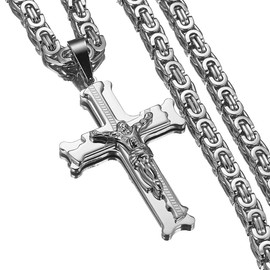 Fashion Womens Mens Stainless Steel Jesus Cross Pendant Byzantine Chain Necklaces 20-40 inches(Silver, 30 inches)