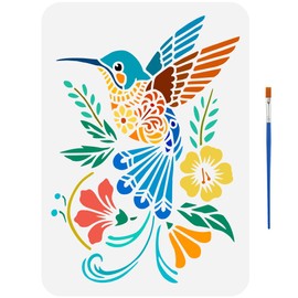 FINGERINSPIRE Hummingbird Painting Stencil with Brush 21x29.7cm Flowers Hummingbird Template Reusable Hummingbird Pattern Stencil Animal Theme Template Flower Leaves Stencil for DIY Decoration