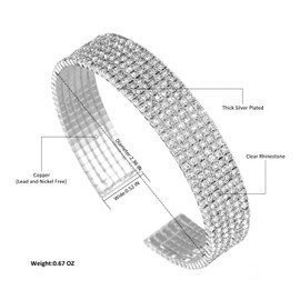 Ecesha Sparkly Silver Simple 6 Layers Rhinestone Cluster Wide Cuff Bangle Wedding Jewelry for Women Bridal Statement Bracelet