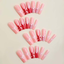 Long Square Press on Nails Christmas Fake Nails French Tip False Nails with Snowflake Glitter Design Red Acrylic Nails Artificial Nails Glossy Glue on Nails Stick on Nails for Women Manicure Art 24Pcs