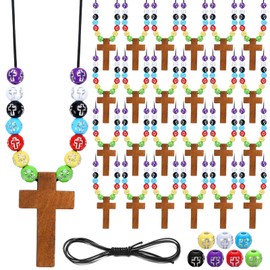 Kathfly 277 Pcs Wooden Cross Necklace Crafts Sunday School Crafts Kit DIY Christian Catholic Rosary Cross Pendant Religious Charms with Colorful Beads for VBS Church Men Women