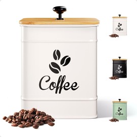 Airtight Coffee Canister - 40 oz Large Iron White Coffee Container Airtight - 6 x 8 inch Metal Jar - Stylish Countertop Container for Coffee Grounds, Beans, Pods & More with Rubber-Lined Bamboo Lid