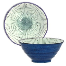 Made in Japan SET of 2 Japanese Rice Bowls 5.25"D Porcelain Blue Uchi-Tokusa Made in Japan