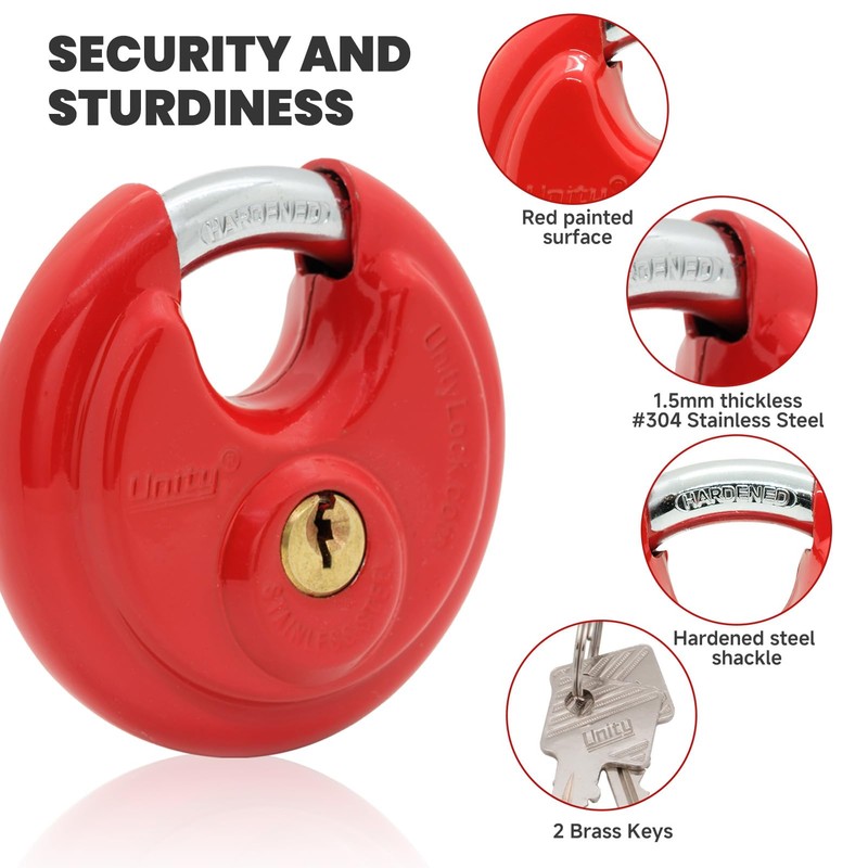 Unity Red Keyed Padlock 2 3/4'' (70mm), Stainless Steel Disc