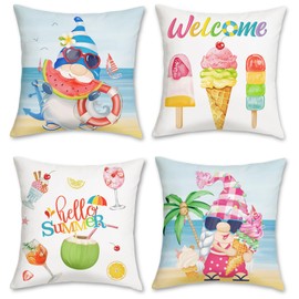 Bonhause Summer Gnomes Cushion Covers 45 x 45 cm Ice Cream Watermelon Coconut Ocean Decorative Throw Pillow Covers for Sofa Couch Bed Home Seaside Decor Set of 4