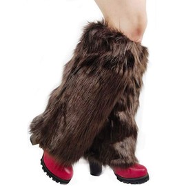 ELLITE Womens Faux Fur Warm Fuzzy White Black Coffee Rainbow Leg Warmers/Boot Sleeves/Boot Covers- Coffee