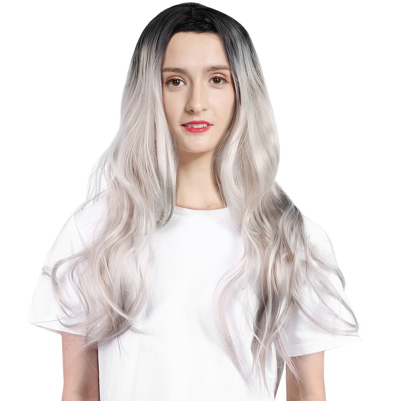 Long Curly Wavy Wigs Women Female Synthetic Hair Black Gray