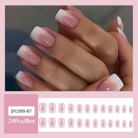 White French Tip Press on Nails Short Square Shaped Fake Nails with Gradient Designs Glossy Pink False Nails Full Cover Acrylic Nails Stick on Nails for Women Nail Art DIY 24 Pcs