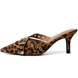 Mostrin Leopard Print Kitten Heels for Women Studded Heeled Mules Pointed Closed Toe Heels Vintage Slip on Stiletto Dressy Pumps Shoes Size 11