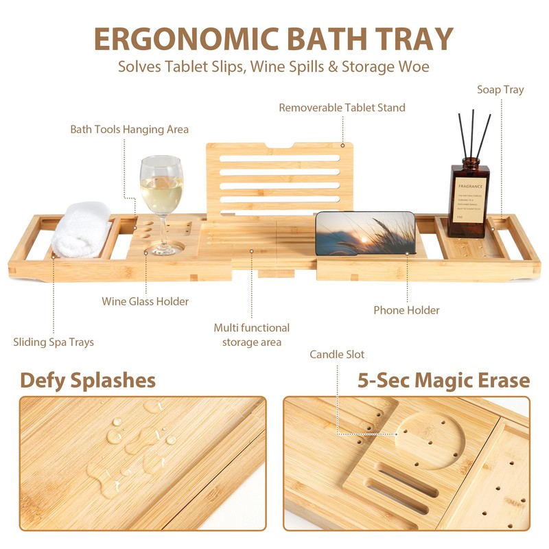 Realgulf Bamboo Bathtub Tray | Splash-Proof Adjustable (28-40 Inch) |