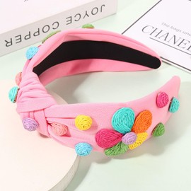 NVENF Raffia Flower Headbands Summer Headband for Women Boho Straw Rattan Floral Knotted Headbands Colorful Summer Hair Accessories Beach Vacation Outfits Gifts (Flower A-Pink)