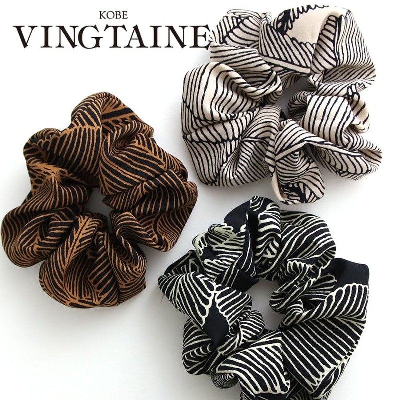 VINGTAINE HS-127-BE Botanical Pattern Scrunchie, Simple, Casual, Daily Chiffon Hair