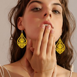 JIMARIN Bohemian Natural Wooden Teardrop Hollow Flower Dangle Drop Earrings for Women Vintage Wood Geometry Hook Earring (Yellow)