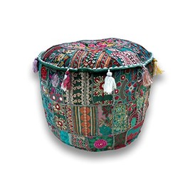 Bohemian Patch Work Ottoman Cover,Traditional Vintage Indian Pouf Floor/Foot Stool, Christmas Decorative Chair Cover,100% Cotton Art Decor Cushion, 14x22'. Only Cover, Filler not Included
