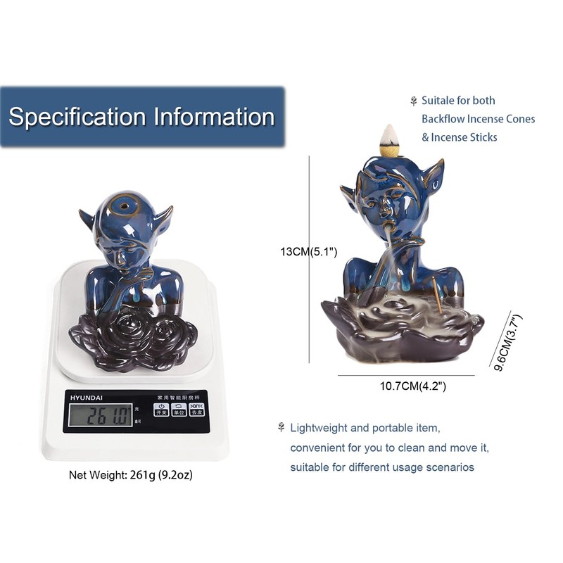 Blue Glaze Elf and Black Rose Ceramic Ornament, Backflow Incense