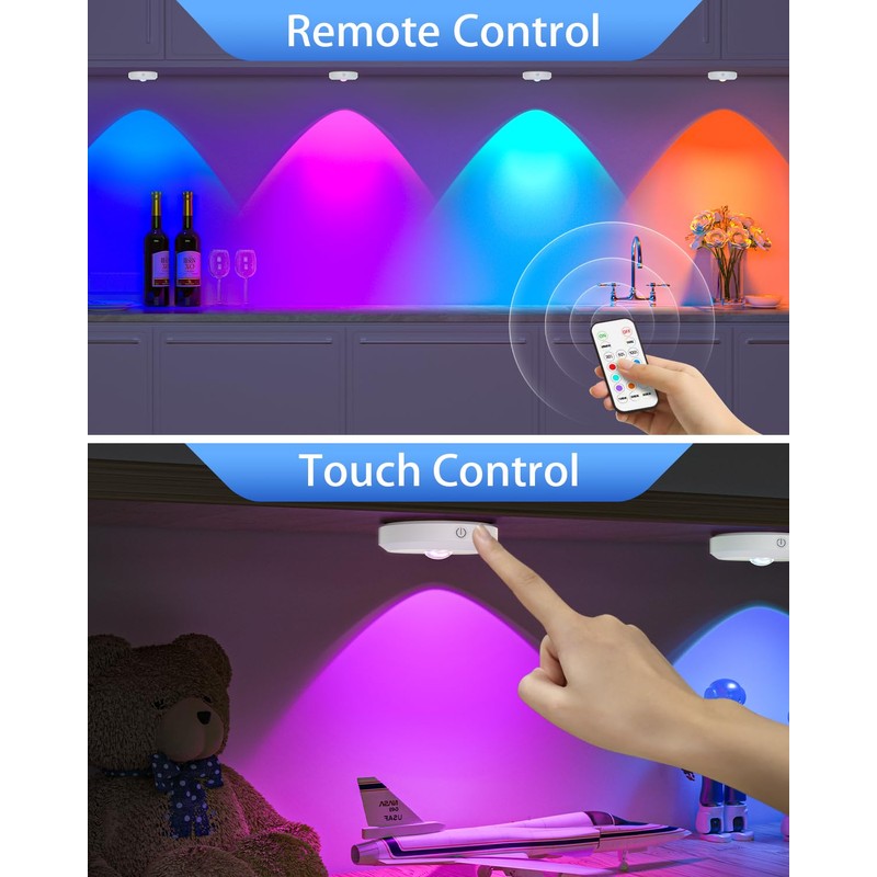 WILLED RGB Rechargeable Puck Lights with Remote Control, Under Cabinet