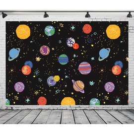 CORFOTO 9x6ft Fabric Outer Space Theme Backdrop Galaxy Solar System Planet Decorations Cartoon Oil Painting Stars Decor Birthday Party Supplies Baby Shower Photoshoot Studio Booth Props