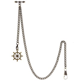 TREEWETO Pocket Watch Chain with T Bar End Piece Albert T-Bar Pocket Watch Chain with Antique Rudder Pendant and 2 Hooks for Vest Buttonhole, bronze, Vintage