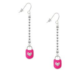 Delight Jewelry Hot Pink Enamel Lock with Clear Crystals Silver-tone Long Sparkle Dangle French Earrings