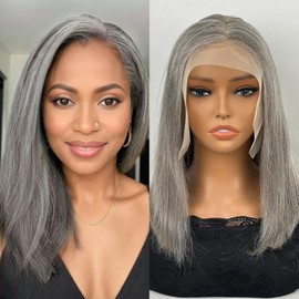 Salt and Pepper Grey Short Bob, Bob 13x4 lace front Wig for Women, White Wig Natural Looking for Daily (Salt and Pepper Grey wig, 8in)