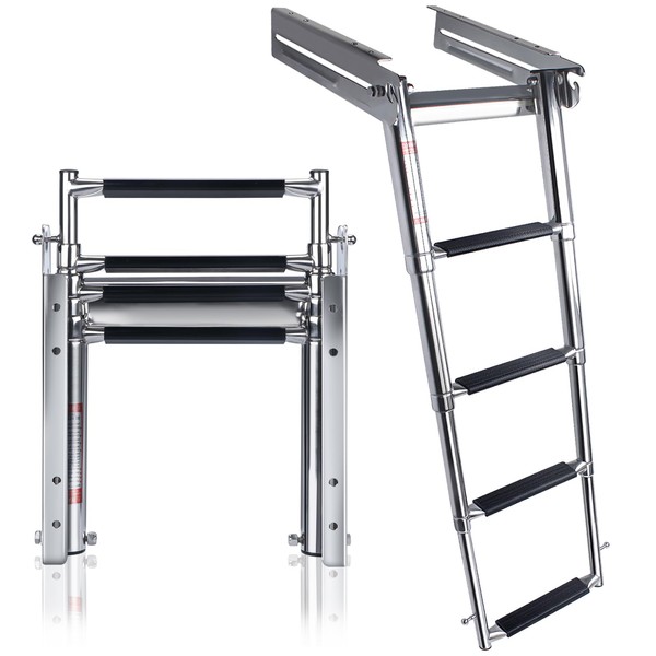 4-Step Ladder Stainless Steel Under Platform Sliding Ladder Boat Boarding Telescoping Ladder - Press-Type Spring Latch