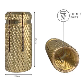 (Pack of 4) Brass Impact Dowels M16 x 42 mm, Expansion Bolt Sleeve, Concrete, Masonry, Brick Anchor, Expansion Dowels (4, M16 x 42 mm)