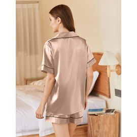 Ekouaer Silk Pajamas for Women 2 Pcs Lounge Set Short Sleeve Sleepwear Satin Pjs Set Champagne,Large