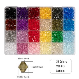 Melius Crystal Bicone Beads, 960Pcs Crystal Faceted Acrylic Beads 24 Colors Rainbow Loose Beads for Jewelry Making, DIY Bracelets, Necklaces, Curtain, Key Chains, Bracelets (8mm)