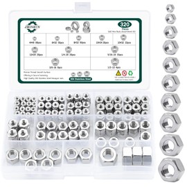 SAE Hex Nuts Assortment Kit, 320 PCS 304 Stainless Steel Assorted Hardware Nuts Sets, 10 Sizes-4#40 6#32 8#32 10#24 10#32 12#24 1/4"-20 5/16"-18 3/8"-16 1/2"-13