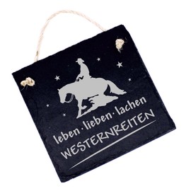 Western Riding Sign Slate Door Sign Engraving - Leben Lieben Lachen - Door Decoration Western Horse Stable Board Horse 11 x 11 cm