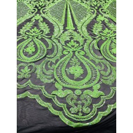 NEW CREATIONS FABRIC AND FOAM INC NEON GREEN PRINCESS DESIGN WITH SEQUINS ON A BLACK 4 WAY STRETCH MESH-1YARD
