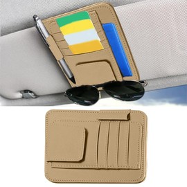 Leather Car Sun Visor Organizer Clip, Universal Car Truck Visor Document Holder with Sunglasses Clip, Auto Visor Pocket Storage for Bill Card Registration/Driving License Pen (Beige)