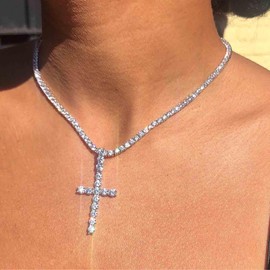 Inilbran Boho Rhinestone Tennis Choker Necklace Silver Crystal Cross Pendant Necklace Sparkly CZ Jesus Cross Necklace Choker Vintage Cross Crucifix Necklace Chain Jewellery for Women and Girls