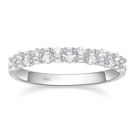 EAMTI 925 Sterling Silver Wedding Bands for Women Baguette Round Cubic Zirconia Two-Row Eternity Band Stackable Engagement Rings Size 5.5