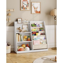 CHOEZON 4-Tier Kids Bookshelf and Toy Storage, 6 Layer Fabric Toddler Bookshelf, Kids Toy Storage Organizer, Sling Kids Bookcase, for Playroom, Bedroom, Nursery, Classroom, White MCW05WT