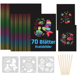 70 Sheets Scratch Pictures for Children, Rainbow Scratch Paper with 7 Wooden Pens and 3 Painting Stencils, DIY Magic Scratch Book, Scratch Paper Set for Adults, Boys, Girls, Drawing and Crafts