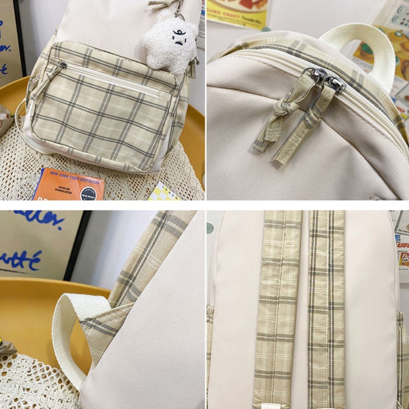 Cute Plaid Backpack with Plush Pendant Lightweight Large Capacity Student