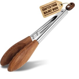Boxiki Kitchen 9 Inch Tongs for Cooking with Wooden Tips - Nonstick Kitchen Tongs for Serving Food, Grilling, Cooking, BBQ and Tossing Salad - Made of Natural Walnut Wood