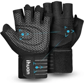 ihuan Ventilated Fitness Gloves with Wrist Strap Support for Men and Women | Black Training Gloves | Full Palm Protection for Weight Lifting, Training, Fitness, Pull-Ups