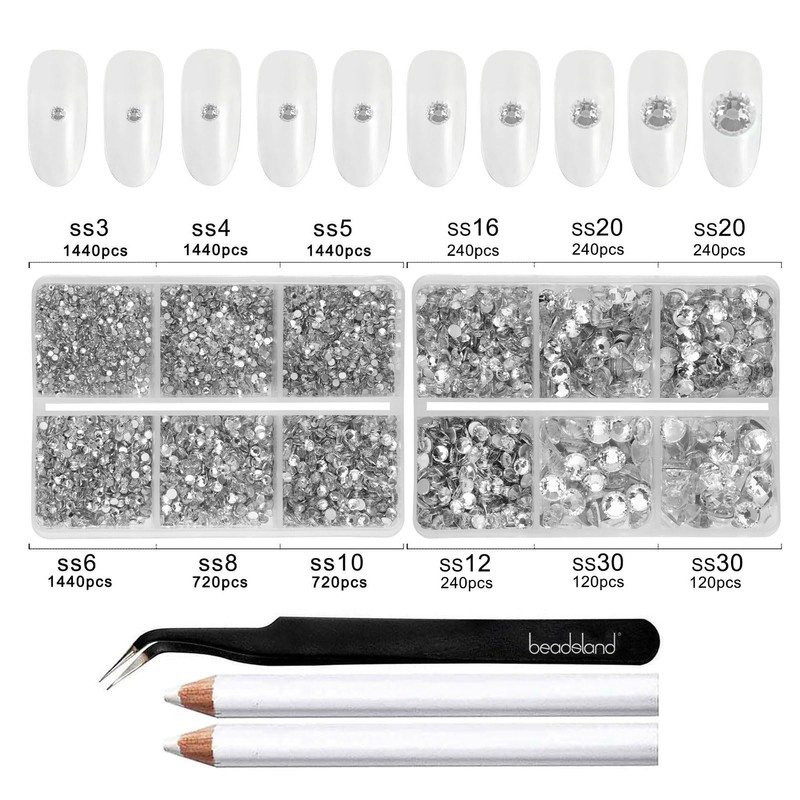 BEADSLAND 8,300-Piece Flatback Rhinestone Kit - White Round Crystal Rhinestones