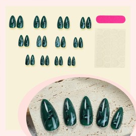 Almond Press on Nails Medium Dark Green Fake Nails with Designs Acrylic Nails Ombre Marble Pattern Artificial False Nails Glue on Nails Full Cover Glossy Stick on Nails for Women 24 Pcs